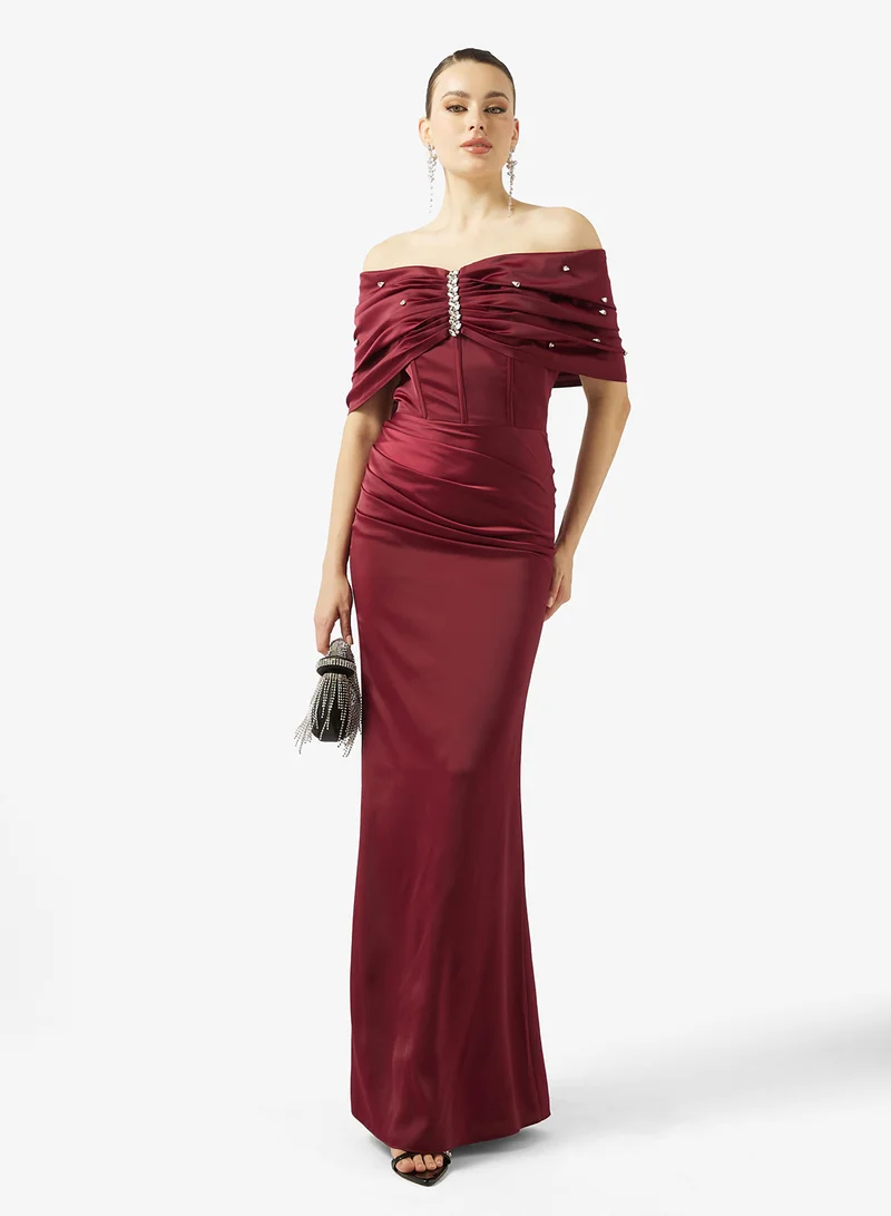 Akadia Fashion  EMBELLISHED SHOULDER SATIN DRESS for Women | Best Price UAE